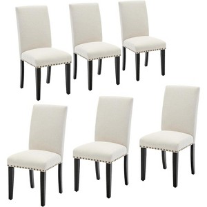 Dining Chairs Set of,Modern Fabric Upholstered Ergonomic Chairs with Curved Backrest,Heavy-Duty Wood Legs (Beige Nailhead 6PCS) - 1 of 4