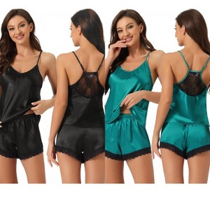 INSPIRE CHIC Women's 2 Pcs Satin Sleeveless Lace Trim Shorts Silky Short Pajama Sets - 1 of 4