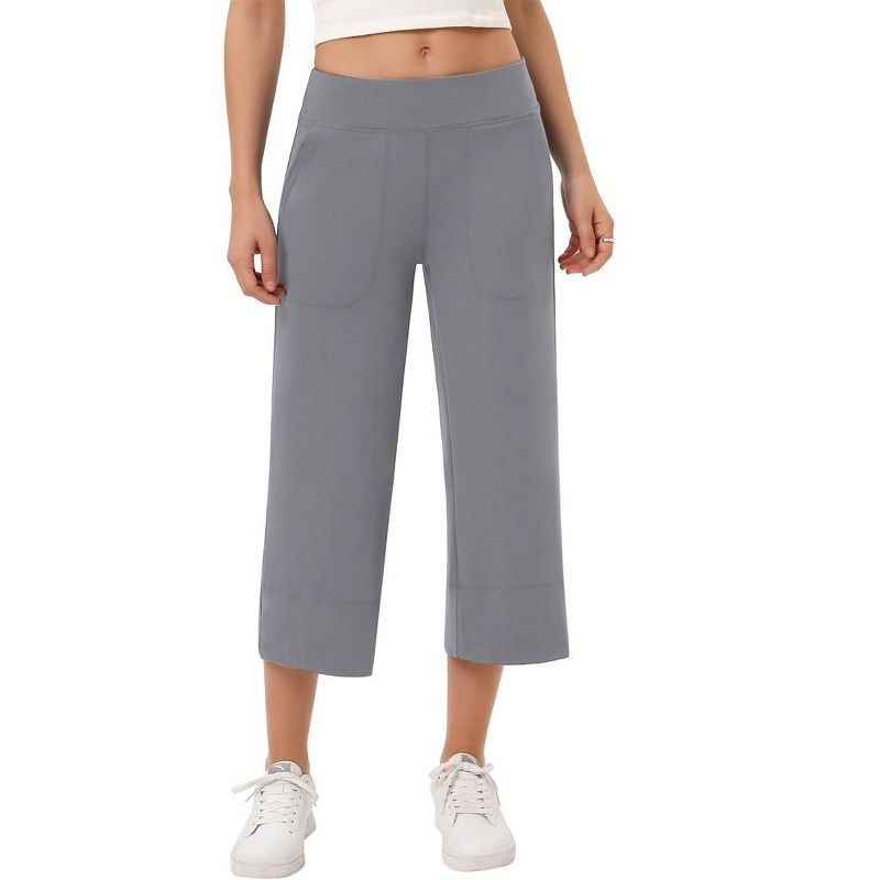 Wide Leg Capri Pants for Women Pull on Loose Lounge Yoga Workout Elastic Waist Cropped Pants with Pockets, 4 of 8
