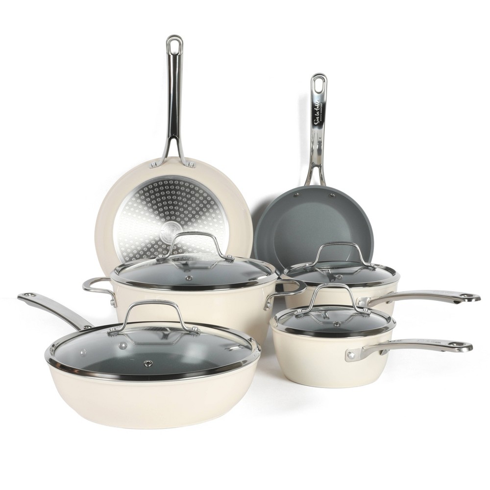 Sur La Table Kitchen Essentials 10pc Titanium Ceramic Nonstick Aluminum Set Linen White