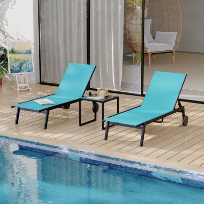 3Pcs Patio Chaise Lounge Chairs with Side Table, Adjustable Backrest Poolside Lounger Chairs with Wheels, Pool Outdoor Chaise Lounge Set of 3