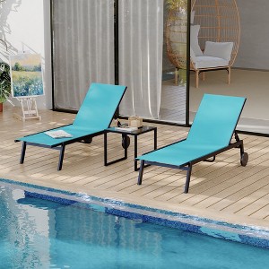 3Pcs Patio Chaise Lounge Chairs with Side Table, Adjustable Backrest Poolside Lounger Chairs with Wheels, Pool Outdoor Chaise Lounge Set of 3 - 1 of 4
