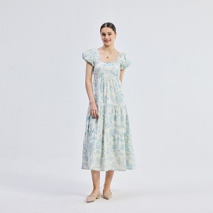 Reistor Womens Deep Puff Sleeve Tiered Maxi Dress in Blue Florals - 1 of 4