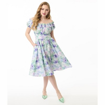 Unique Vintage Women's Off The Shoulder Ruffle Swing Dress