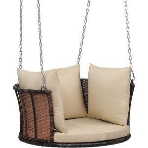 VINGLI 2.4 FT 1-Person Use Round Rattan Porch Swing Outdoor Support 440 LBS with Cushions & Adjustable Chains, for Garden, Yard, Lawn, Tree, Brown - 1 of 4