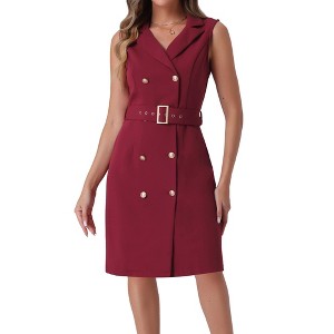 Allegra K Women's Sleeveless V Neck Notched Lapel Double Breasted Belted Work Office Dress - 1 of 4
