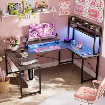 Aheaplus U-Shaped Computer Desk with Hutch, Home Office Desk with Metal Base