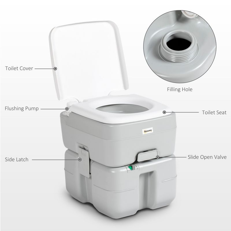 Outsunny 5.3 Portable Camping Toilet, Porta Potty with Level Indicator and Anti-Leak Handle Pump for Boating, Hiking, Travel, RV, 5 of 7