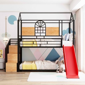 MAYEERTY Twin Over Twin Metal Bunk Bed, House Bed Slide Storage Stair, Kids Bedroom, Black with Red Slide - 1 of 4