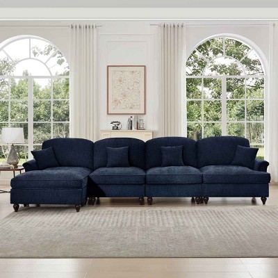 L-Shaped Sectional Sofa with Ottoman, 4-Seater Sofa with Removable Ruffle Skirt and Flared Arms, Chenille Sofa with Cushion-Coolbibila