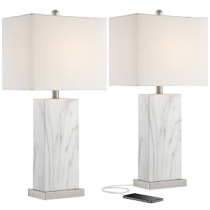 360 Lighting Connie Modern Table Lamps 25" High Set of 2 White Faux Marble with USB Charging Ports Rectangular Shade for Living Room Office Desk House - 1 of 4