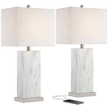 360 Lighting Connie Modern Table Lamps 25" High Set of 2 White Faux Marble with USB Charging Ports Rectangular Shade for Living Room Office Desk House