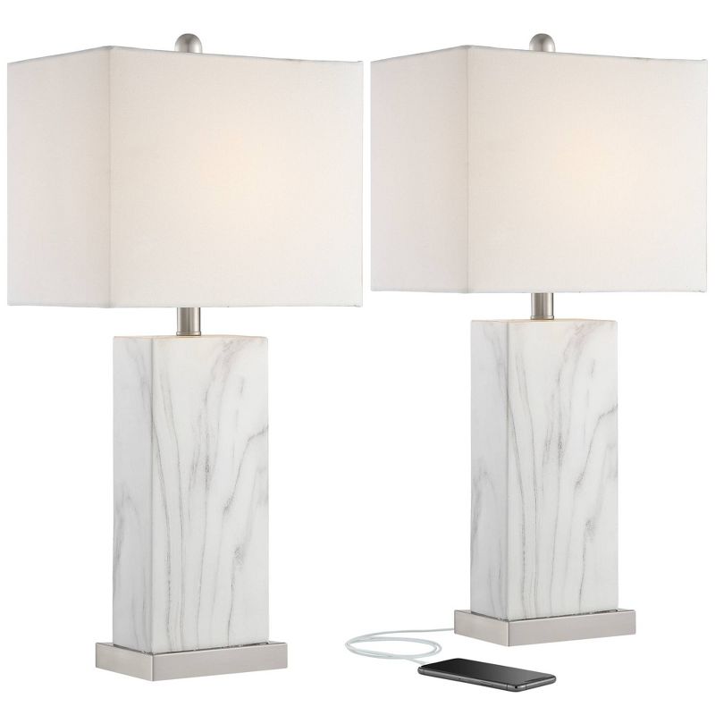 360 Lighting Connie Modern Table Lamps 25" High Set of 2 White Faux Marble with USB Charging Ports Rectangular Shade for Living Room Office Desk House, 1 of 11