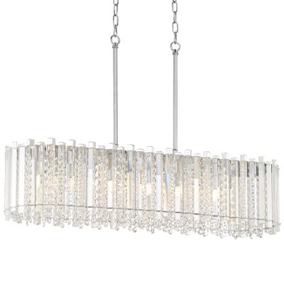 Inspire Me Home Chrome Large Linear Island Pendant Chandelier 34" Wide LED Clear Glass Crystal for Kitchen Island Dining Room