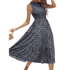 Nlife Women's Sleeveless Floral Midi Dress Ruffle Crewneck Smocked Flowy Dress Navy 2XL