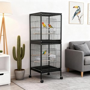 55-Inch Double Stackable Bird Cage, Rolling Stand, Large Wrought Iron Aviary with Pull-Out Tray & 4 Access Doors, Open Play Top - 1 of 4