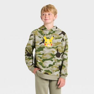 Boys' Pokemon Pikachu Camo Fleece Hooded Sweatshirt - Green - 1 of 4