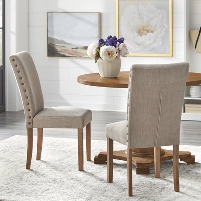 Set of 2 Atwood Dining Chairs Driftwood - Buylateral: Beige Linen, Rubberwood Legs, Nailhead Trim