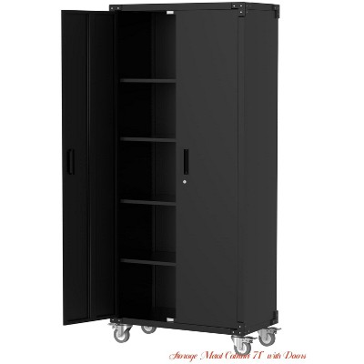 Home Metal Storage Cabinet w/ Wheels 72" H- Steel Garage Organization w/ Lock, 4 Adjustable Shelves, and Lockable Rolling Design