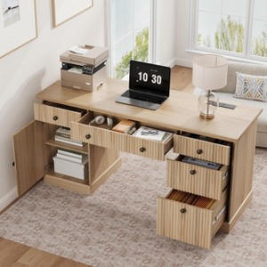 Fluted Home Office Desk Storage, 60" Modern Executive Desk with Charging Station, Wooden Computer Writing Desk with File Drawers for Study Room - 1 of 4