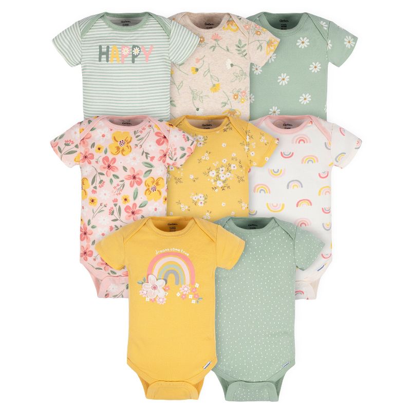 Gerber Baby Girls' Short Sleeve Onesies Bodysuits, 8-pack, Golden Floral, 3-6 Months