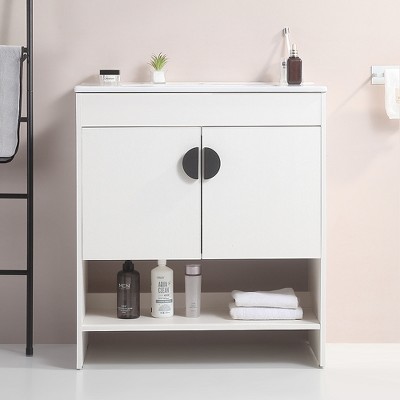 ALEXOUN Free-Standing Bathroom Vanity with White Ceramic Basin and 2 Soft Close Cabinet Doors & a Lower Open Shelf for Small Space
