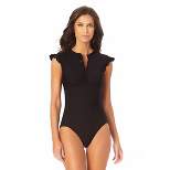 Anne Cole - Women's Flutter Sleeve Zip Up Rash Guard One Piece Swimsuit Black