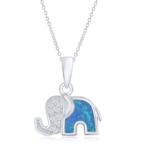Opalata Sterling Silver Elephant w/ CZ Trunk and Blue Opal Back 18" Pendant Necklace - Multi - 1 of 2