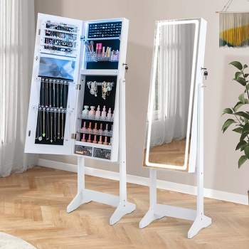 Costway LED Mirror Jewelry Cabinet Organizer Armoire Standing with Built-in 3 Color Light