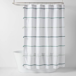Striped with Tassels Kids' Shower Curtain Blue - Pillowfort™: Twill, Machine Wash, Buttonhole Top, OEKO-TEX Certified - 1 of 4
