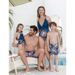 PATPAT Family Matching Mommy and Me Swimsuit One Piece Leaves Printed V Neck Swimwear Set Swim Trunks Shorts - 1 of 4