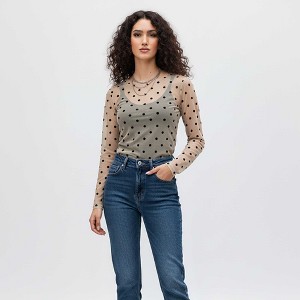 Cherie Code Women’s Polka Dot Mesh Top – Sheer Long Sleeve Stretch Tee - 1 of 4