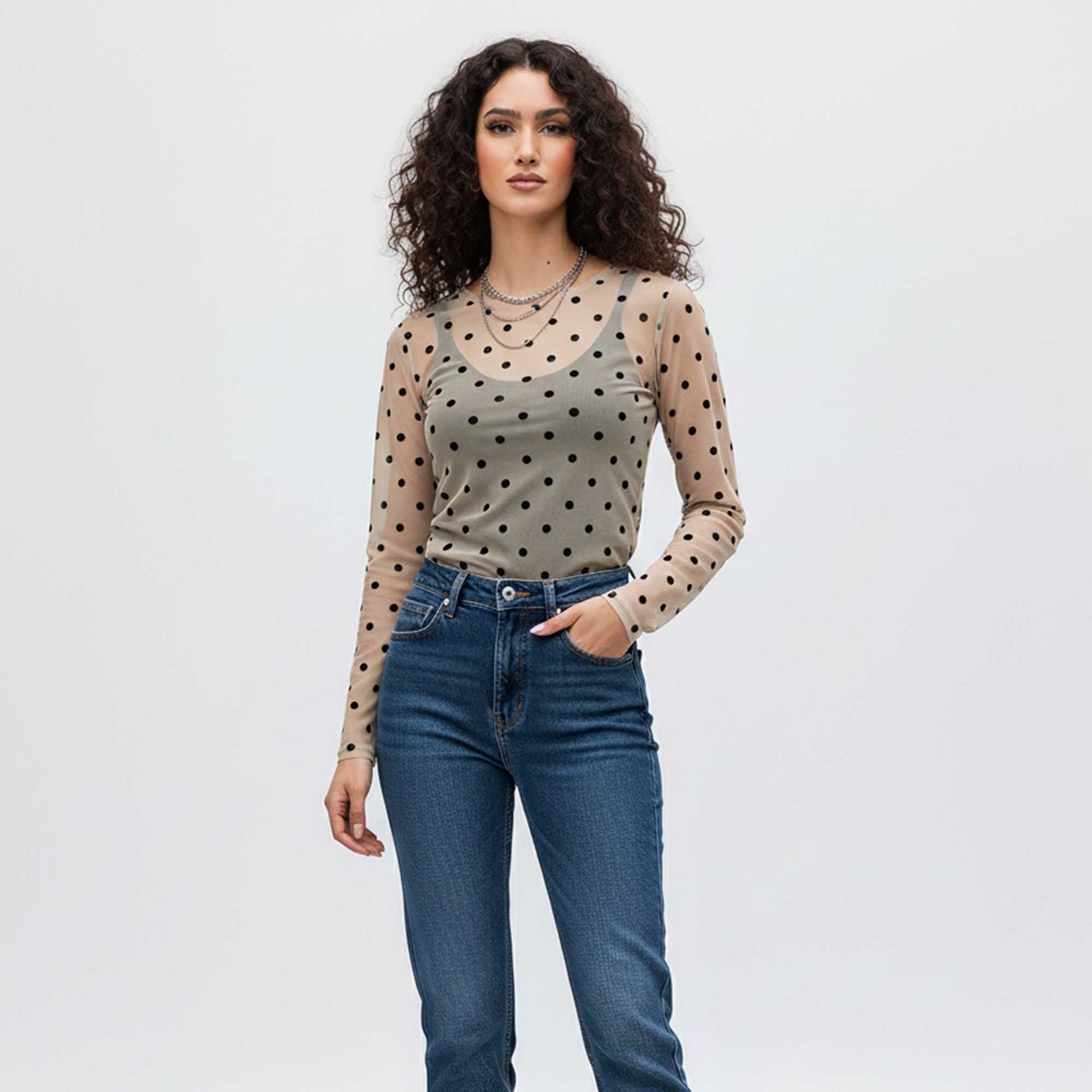 Cherie Code Women’s Polka Dot Mesh Top – Sheer Long Sleeve Stretch Tee
