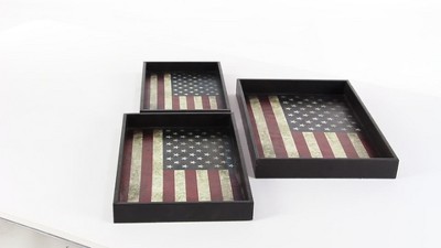 Rustic Elegance Patriotic American Flag Serving Tray Set, Red/White/Blue, 3-Pack