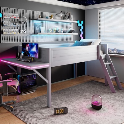 Twin/Full Size Gaming Loft Bed, Wood Bed Frame with Desk and LED, Gray - ModernLuxe