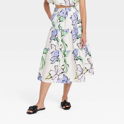 Women's A-Line Midi Skirt - A New Day™ White Floral XL