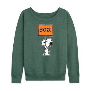 Women's - Peanuts - Snoopy Boo Sign Lightweight French Terry Wide Neck Long Sleeve Shirt - 1 of 4