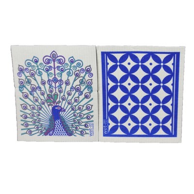 Swedish Dish Cloth 7.75" Peacock & Diamonds In Blue S/2 Dishcloth Clean Up Kitchen  -  Dish Cloth