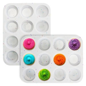NewHome "2 Pack 12-Cup Silicone Muffin Pans Nonstick Cupcake Molds, Heat Resistant, Dishwasher Safe" White - 1 of 4