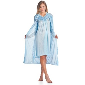 Casual Nights Women's Satin 2 Piece Robe and Nightgown Set - Embroidered Blue - Large - 1 of 4