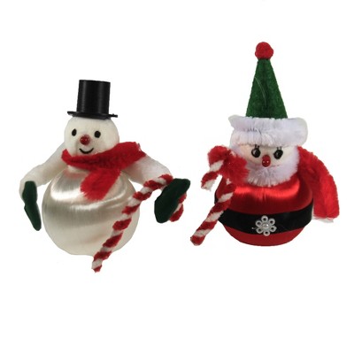 Holiday Ornament 4.0" Retro Santa & Snowman Set / 2 Vintage Chenille Spun Silk-Like  -  Tree Ornaments
