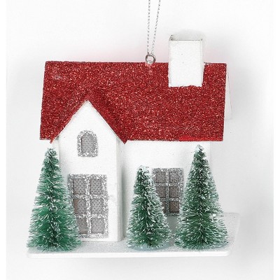 Glittered House with Red Roof and Bottle Brush Trees Christmas Tree Ornament White - Wondershop™: Indoor Use, 3.5" Height