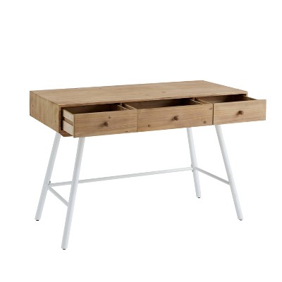 Natural Wood and White 3-Drawer Desk with Iron Legs