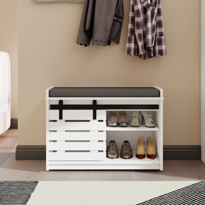 CAVINAS Shoe Rack Storage Bench with Padded Seat Cushion with Barn Doors