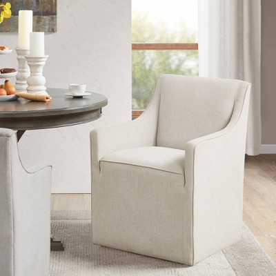 Cream Upholstered High Back Dining Arm Chair with Casters