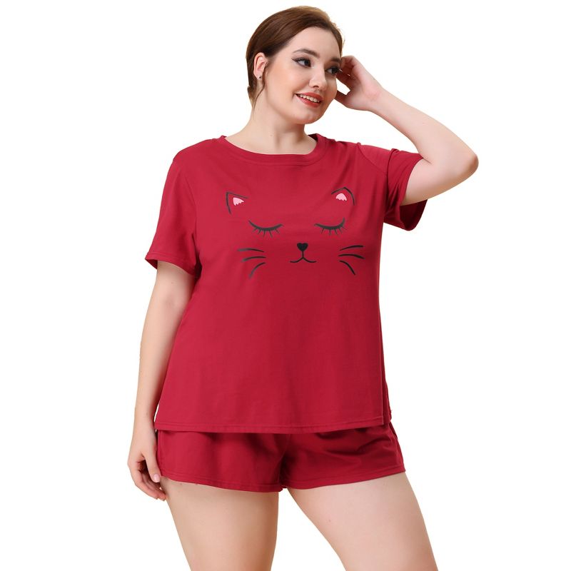 Agnes Orinda Women's Plus Size Comfort Cute Cat Print Short Sleeve Pajama Set, 3 of 6