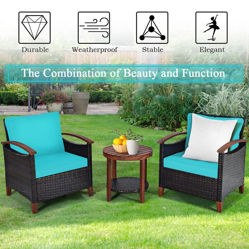 Costway 3PCS Patio Rattan Furniture Set Wooden Frame Cushion Table Shelf Red\Beige\Blue, 6 of 14