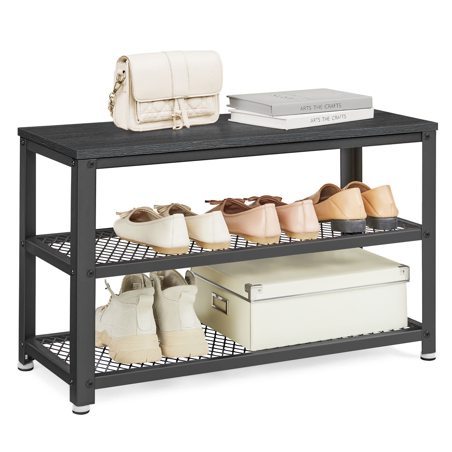 3-Tier Shoe Rack, Shelf Storage Bench with Metal Mesh Shelves and Seat, Free Standing Shoe Organizer for Entryway