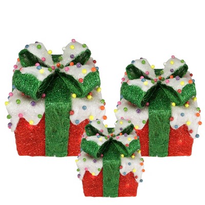 Northlight Set of 3 Lighted Snow and Candy Covered Sisal Gift Boxes Christmas Outdoor Decorations