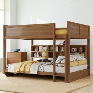 Mshliw Queen Over Queen Solid Wood Bunk Bed with Storage Cabinets, Ladder, Guardrails and Built-in Charging Station - 1 of 4